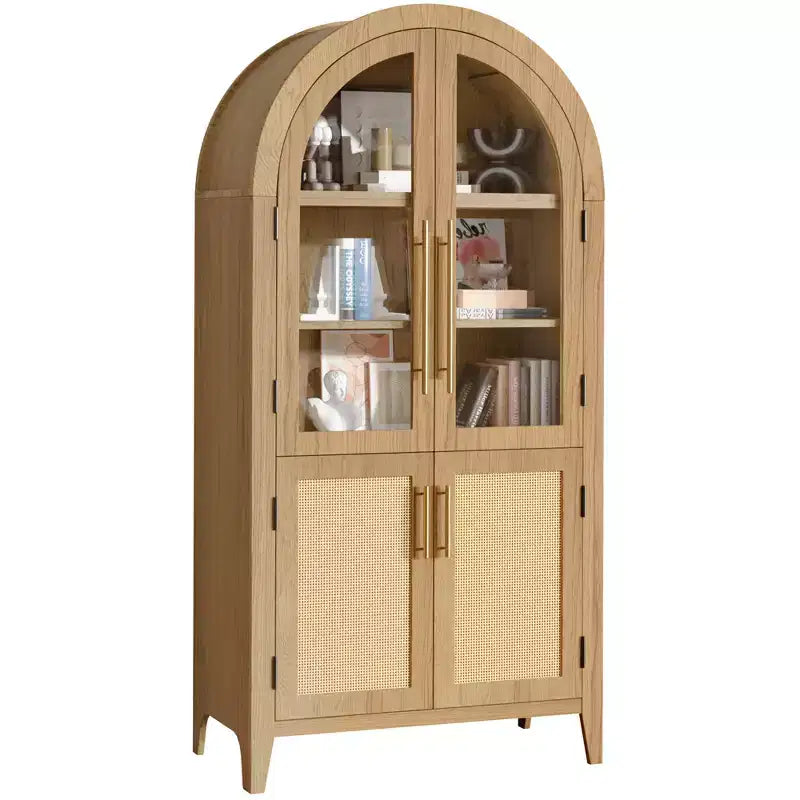 Armadietto contenitore ad arco alto 160 cm con anta in vetro e rattan e ripiano regolabile