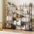 Libreria Industriale a Tre Campate a 4 Ripiani - 62.2 Profondità Marrone Rustico e Telaio Nero, 11 Ripiani Espositivi Regolabili per Soggiorno, Casa, Ufficio