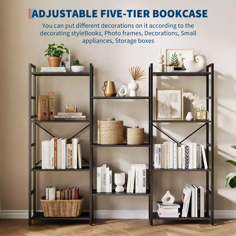 Libreria Industriale a Tre Campate a 4 Ripiani - 62.2 Profondità Marrone Rustico e Telaio Nero, 11 Ripiani Espositivi Regolabili per Soggiorno, Casa, Ufficio