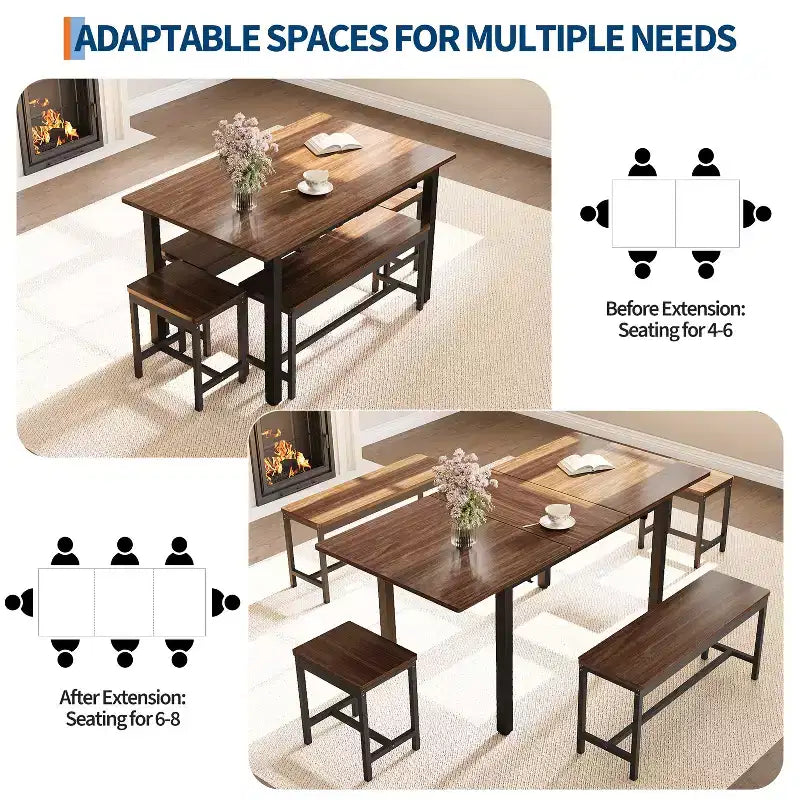 Set da pranzo allungabile 5 pezzi per 4-8 persone, 2 panche e 2 sgabelli, set di mobili moderni per sala da pranzo, facile montaggio