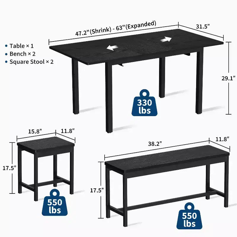 Set da pranzo allungabile 5 pezzi per 4-8 persone, 2 panche e 2 sgabelli, set di mobili moderni per sala da pranzo, facile montaggio
