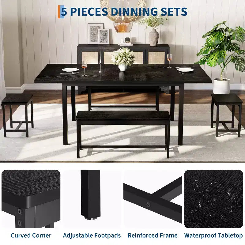 Set da pranzo allungabile 5 pezzi per 4-8 persone, 2 panche e 2 sgabelli, set di mobili moderni per sala da pranzo, facile montaggio