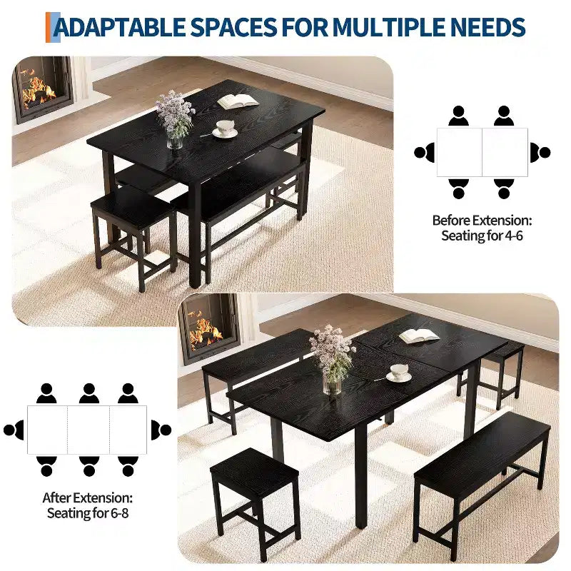 Set da pranzo allungabile 5 pezzi per 4-8 persone, 2 panche e 2 sgabelli, set di mobili moderni per sala da pranzo, facile montaggio