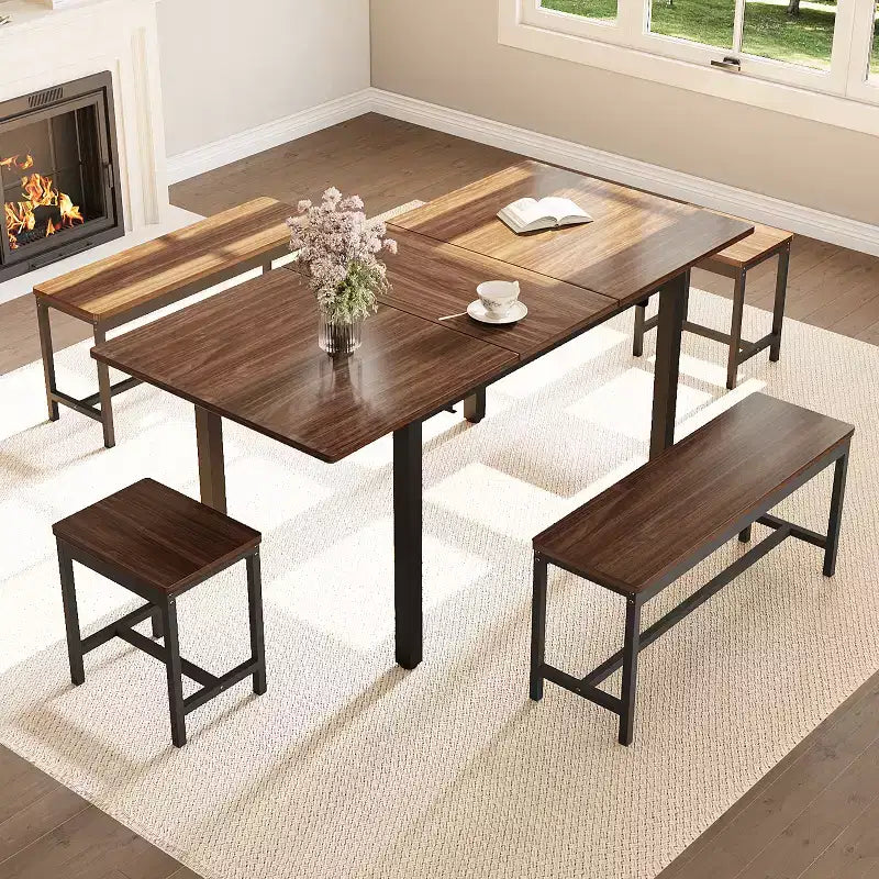 Set da pranzo allungabile 5 pezzi per 4-8 persone, 2 panche e 2 sgabelli, set di mobili moderni per sala da pranzo, facile montaggio