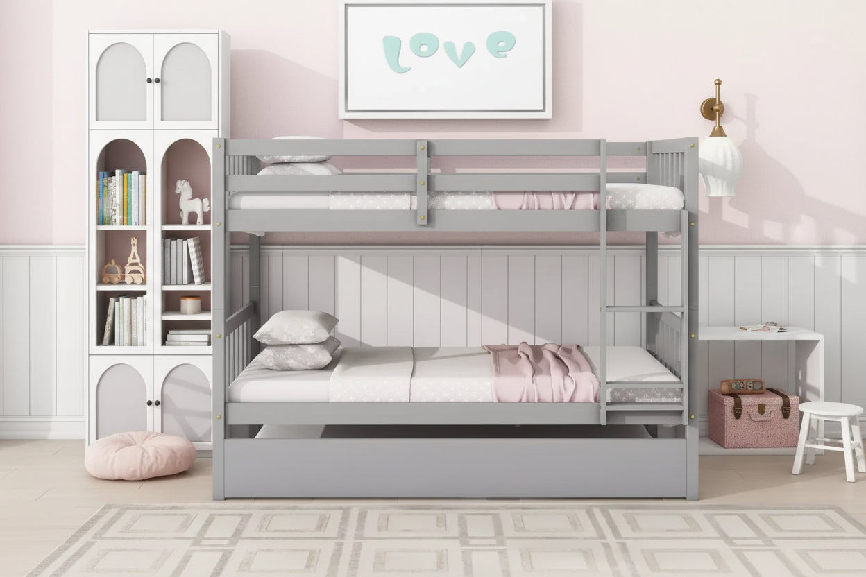 MAYEERTY Twin Rubber Wood Bunk Bed with Trundle Twin Bunk Bed with Ladder and Safety Guardrails Gray