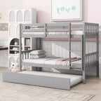 Letto a castello doppio con letto estraibile, scaletta e sponde di sicurezza – Legno di gomma, grigio