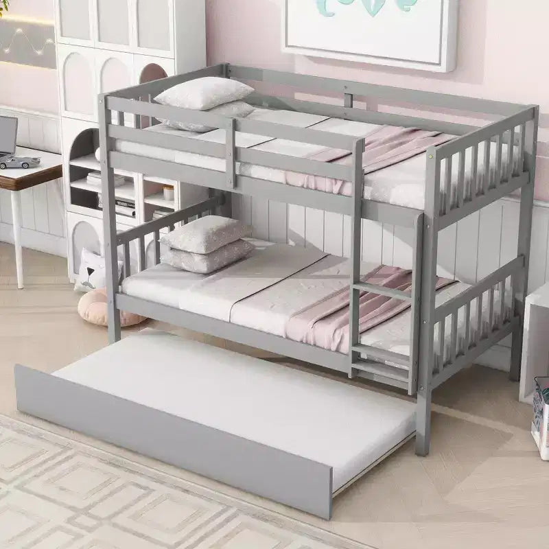 Letto a castello doppio con letto estraibile, scaletta e sponde di sicurezza – Legno di gomma, grigio