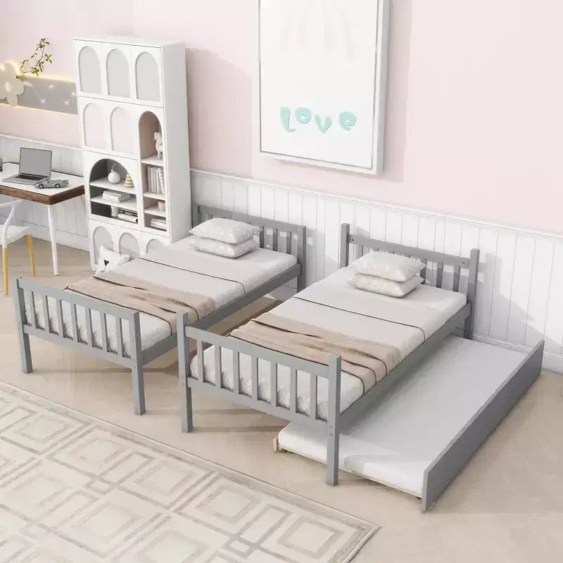 Letto a castello doppio con letto estraibile, scaletta e sponde di sicurezza – Legno di gomma, grigio