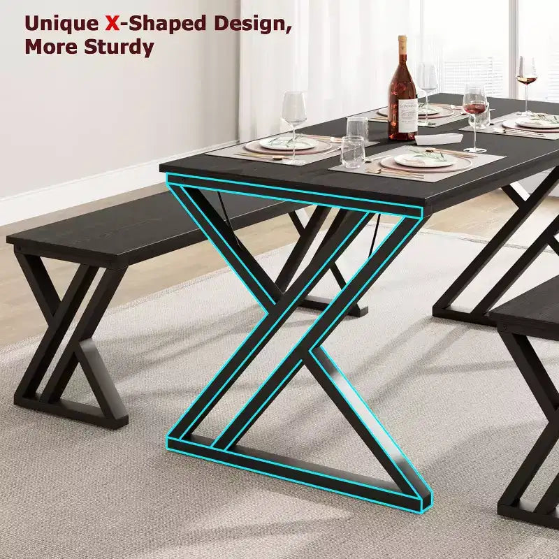Set Tavolo da Pranzo per 4-6 Persone, Tavolo da Cucina Grande da 55 con 2 Panche, Nero