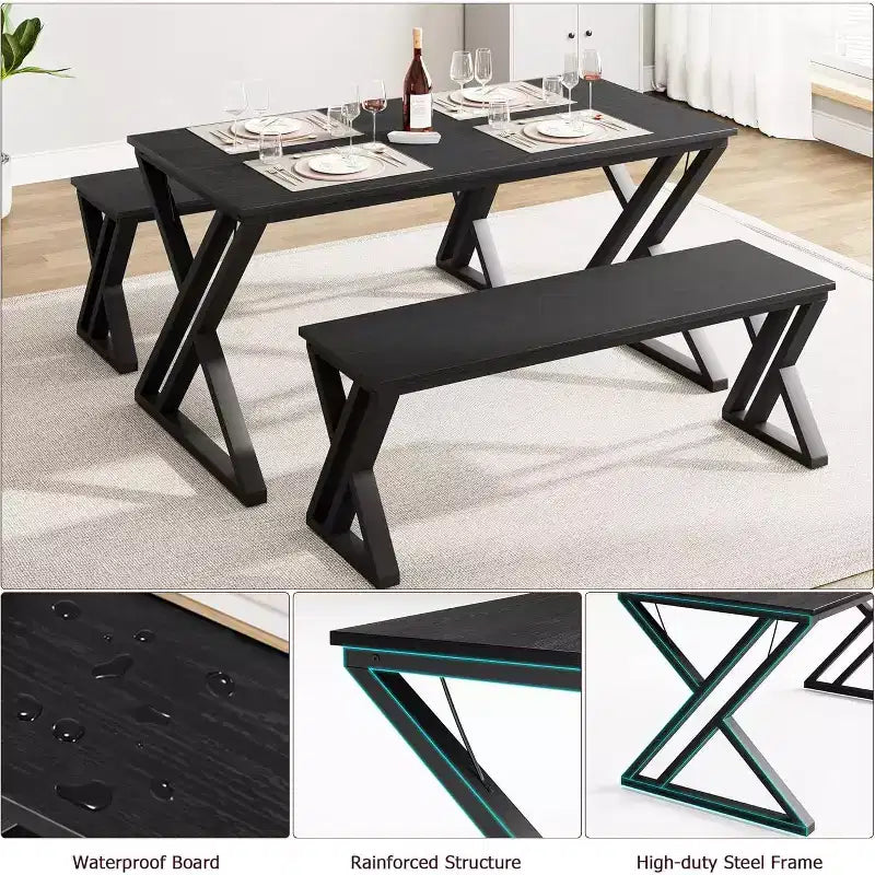 Set Tavolo da Pranzo per 4-6 Persone, Tavolo da Cucina Grande da 55 con 2 Panche, Nero