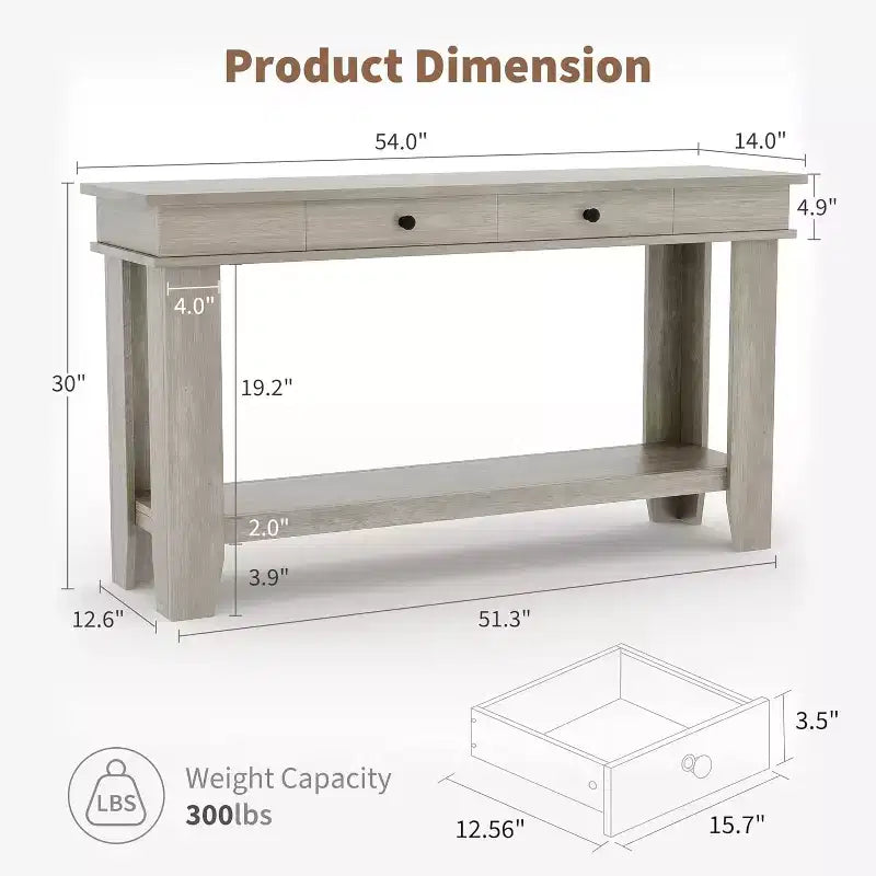 Tavolo consolle lungo 137 cm, tavolo da ingresso in legno con 2 cassetti e ripiano aperto, tavolo da atrio per ingresso, corridoio, soggiorno