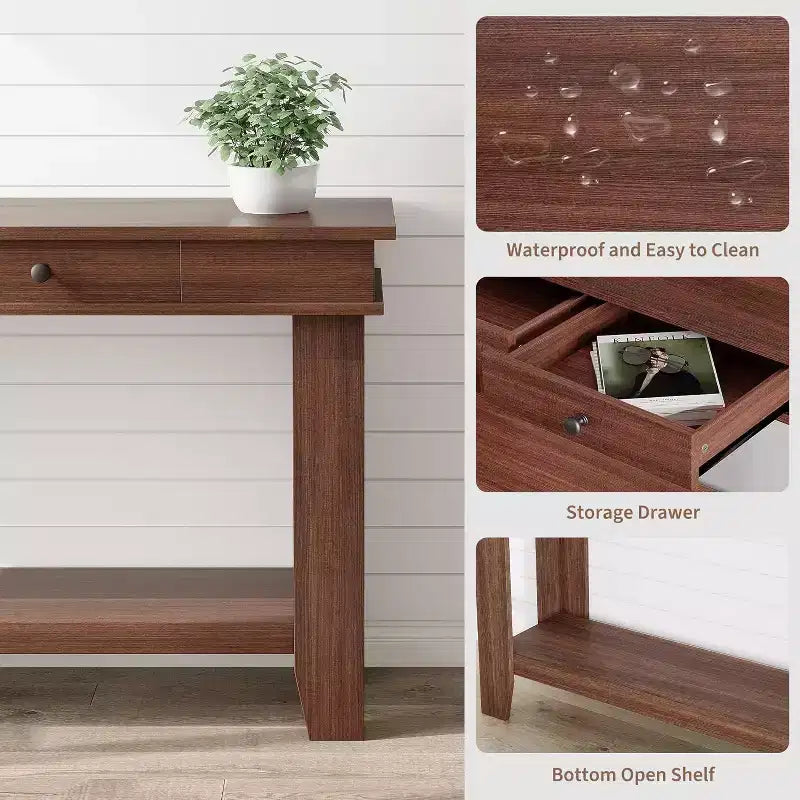 Tavolo consolle lungo 137 cm, tavolo da ingresso in legno con 2 cassetti e ripiano aperto, tavolo da atrio per ingresso, corridoio, soggiorno