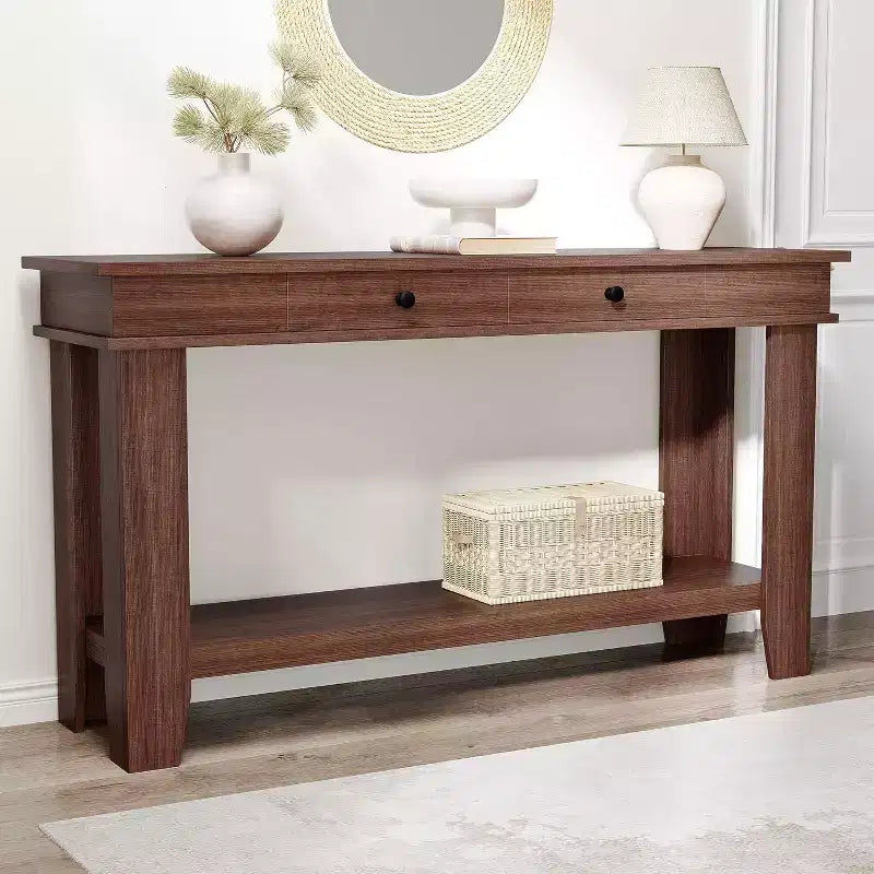 Tavolo consolle lungo 137 cm, tavolo da ingresso in legno con 2 cassetti e ripiano aperto, tavolo da atrio per ingresso, corridoio, soggiorno