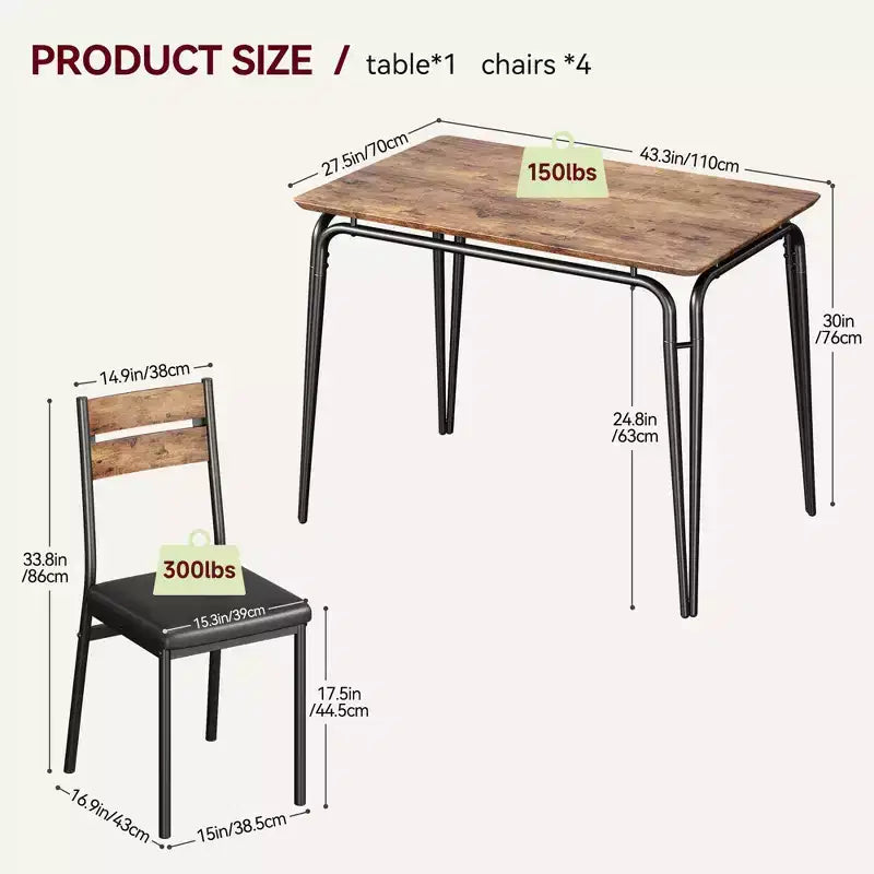 Set da Pranzo da 5 Pezzi, Set da Tavolo da Pranzo per Cucina per 4, Tavolo Quadrato, Struttura in Metallo, Pannello in MDF, Sedie Imbottite, Facile Montaggio, per la Casa