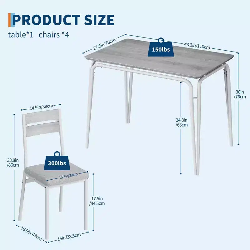 Set da Pranzo da 5 Pezzi, Set da Tavolo da Pranzo per Cucina per 4, Tavolo Quadrato, Struttura in Metallo, Pannello in MDF, Sedie Imbottite, Facile Montaggio, per la Casa