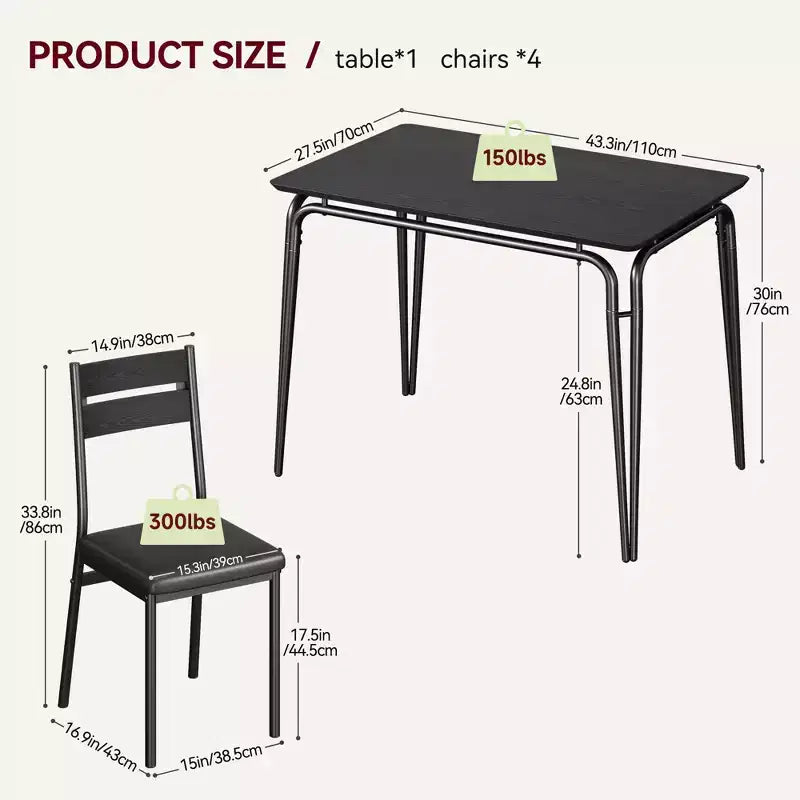 Set da Pranzo da 5 Pezzi, Set da Tavolo da Pranzo per Cucina per 4, Tavolo Quadrato, Struttura in Metallo, Pannello in MDF, Sedie Imbottite, Facile Montaggio, per la Casa