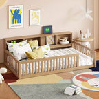 Bellemave Twin XL Floor Bed with Storage Cabinets and USB Charging Ports, Solid Wood Frame with Semi-Enclosed Fence, Easy Assembly, Brown