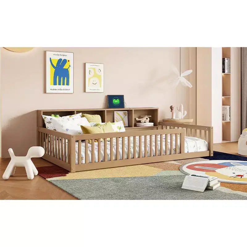Letto a pavimento Twin XL con armadietti contenitori e porte di ricarica USB – Legno massello