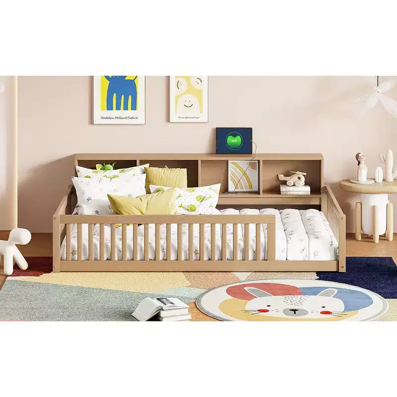 Letto a pavimento Twin XL con armadietti contenitori e porte di ricarica USB – Legno massello