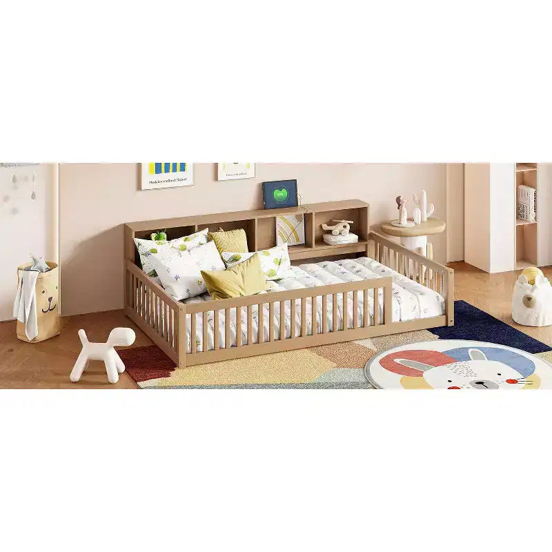 Letto a pavimento Twin XL con armadietti contenitori e porte di ricarica USB – Legno massello