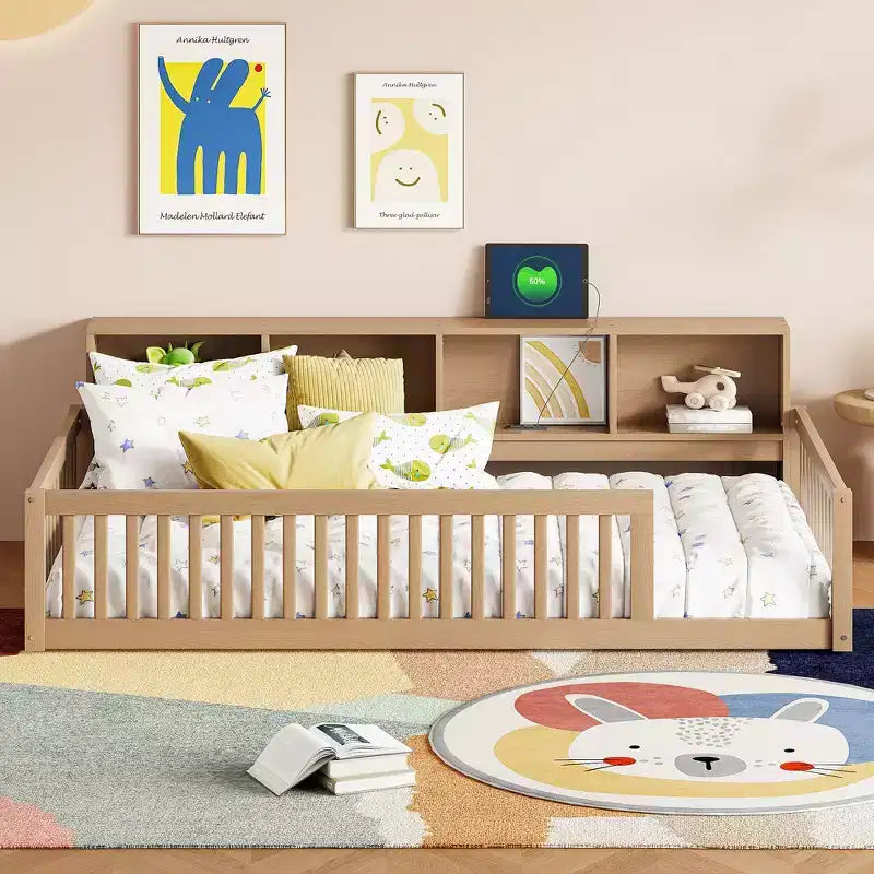 Letto a pavimento Twin XL con armadietti contenitori e porte di ricarica USB – Legno massello