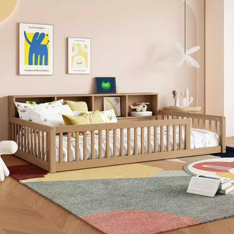 Letto a pavimento Twin XL con armadietti contenitori e porte di ricarica USB – Legno massello