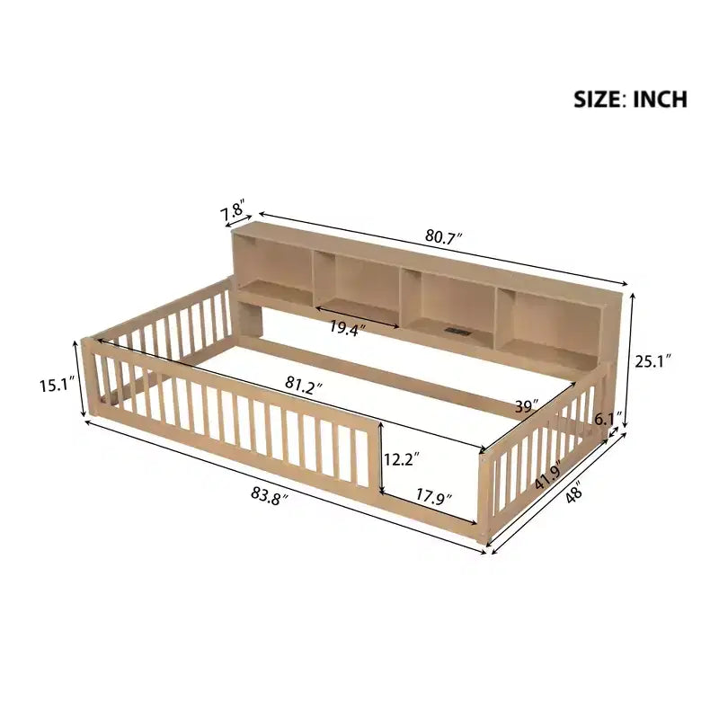 Letto a pavimento Twin XL con armadietti contenitori e porte di ricarica USB – Legno massello