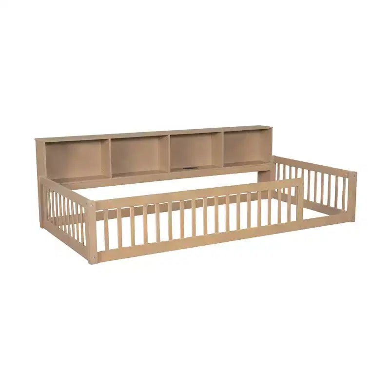 Letto a pavimento Twin XL con armadietti contenitori e porte di ricarica USB – Legno massello