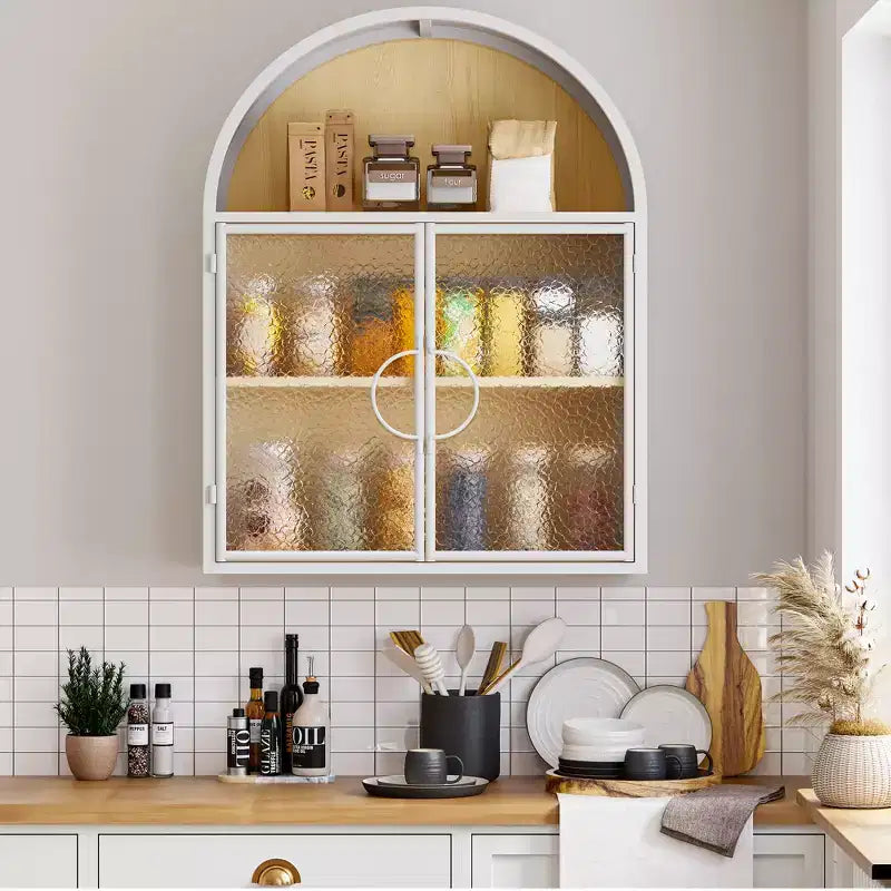 Mobile bagno pensile ad arco con ante in vetro – Contenitore flottante in metallo completamente assemblato