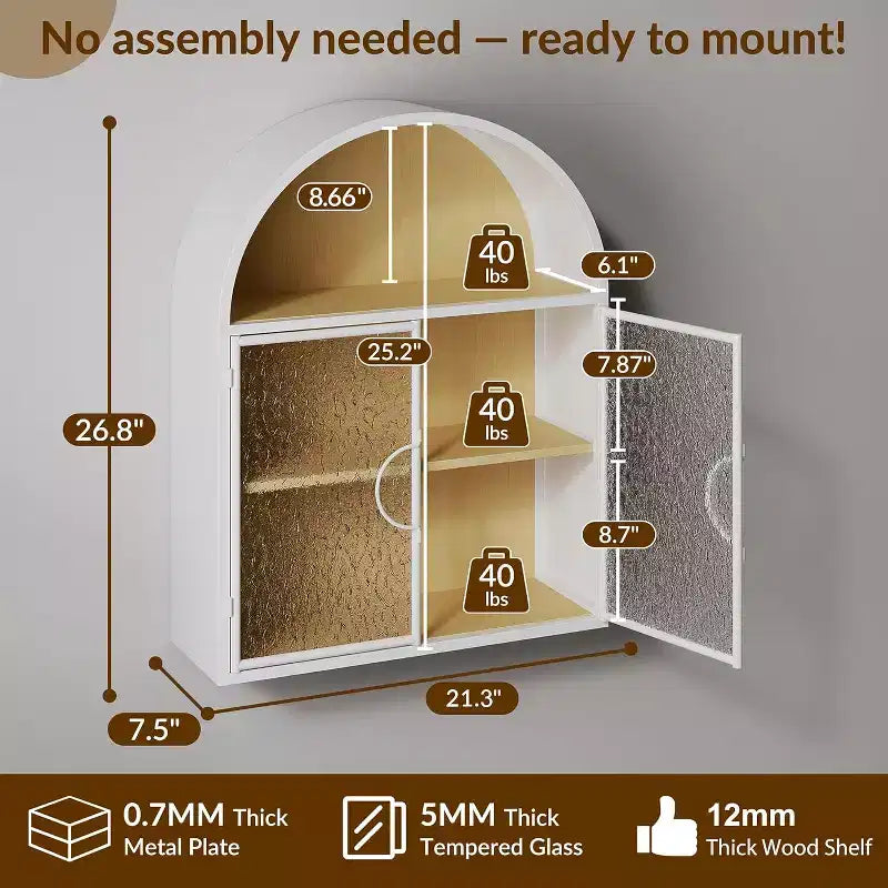 Mobile bagno pensile ad arco con ante in vetro – Contenitore flottante in metallo completamente assemblato