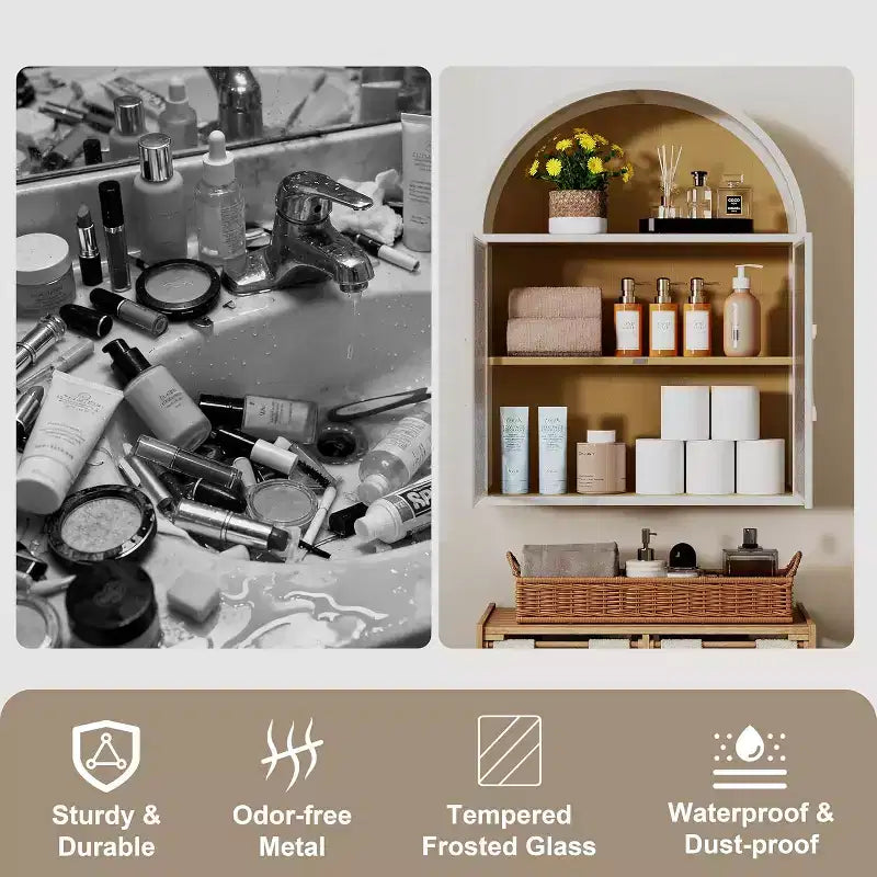 Mobile bagno pensile ad arco con ante in vetro – Contenitore flottante in metallo completamente assemblato