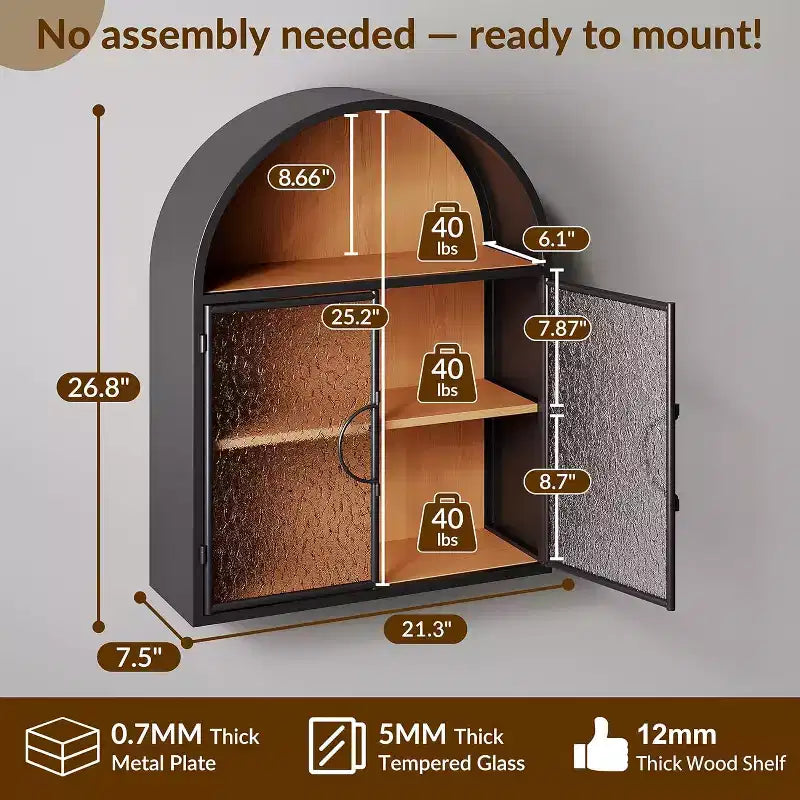 Mobile bagno pensile ad arco con ante in vetro – Contenitore flottante in metallo completamente assemblato