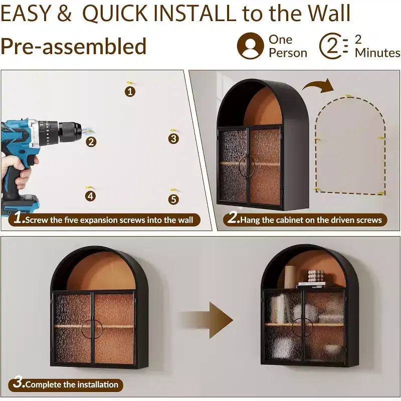 Mobile bagno pensile ad arco con ante in vetro – Contenitore flottante in metallo completamente assemblato