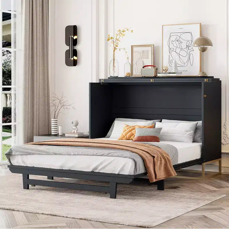 Letto a scomparsa Queen Murphy Bed con gamba dorata, letto a scomparsa formato Queen Size con ante in vetro smerigliato e cassetti finti