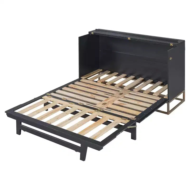 Letto a scomparsa Queen Murphy Bed con gamba dorata, letto a scomparsa formato Queen Size con ante in vetro smerigliato e cassetti finti