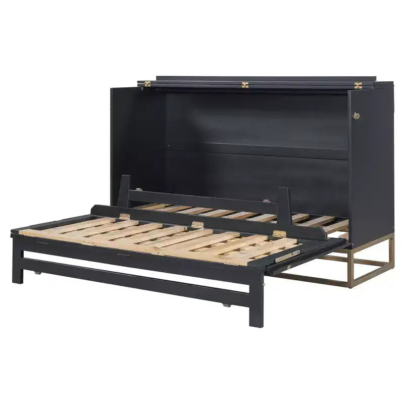 Letto a scomparsa Queen Murphy Bed con gamba dorata, letto a scomparsa formato Queen Size con ante in vetro smerigliato e cassetti finti