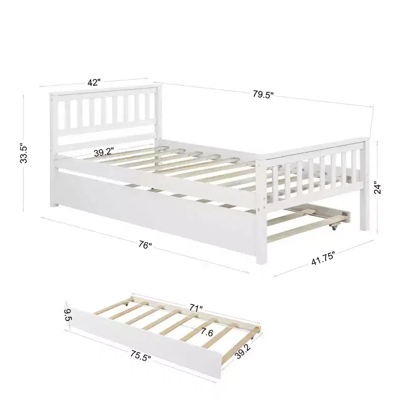 Letto singolo con letto estraibile, testiera e pediera – Legno massello di pino