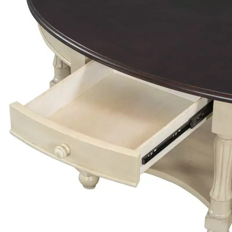 Tavolino da Caffè Ovale Vintage con Cassetto e Ripiano, Tavolino Centrale in Legno Antico per Soggiorno