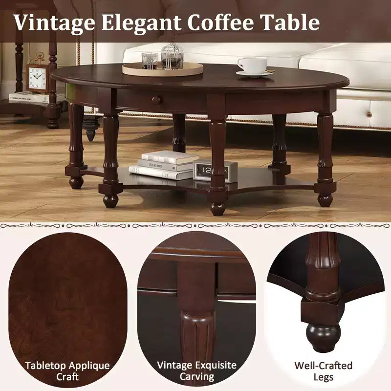 Tavolino da Caffè Ovale Vintage con Cassetto e Ripiano, Tavolino Centrale in Legno Antico per Soggiorno