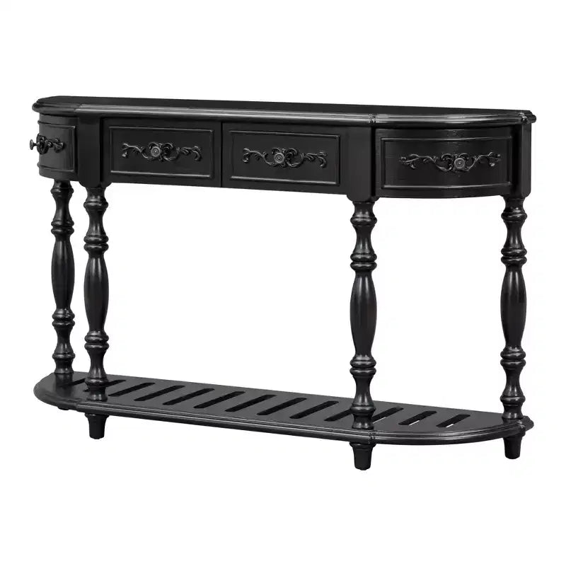 Consolle curvata retrò in legno, tavolo d'ingresso a mezzaluna con cassetti e ripiano per soggiorno, 132 cm