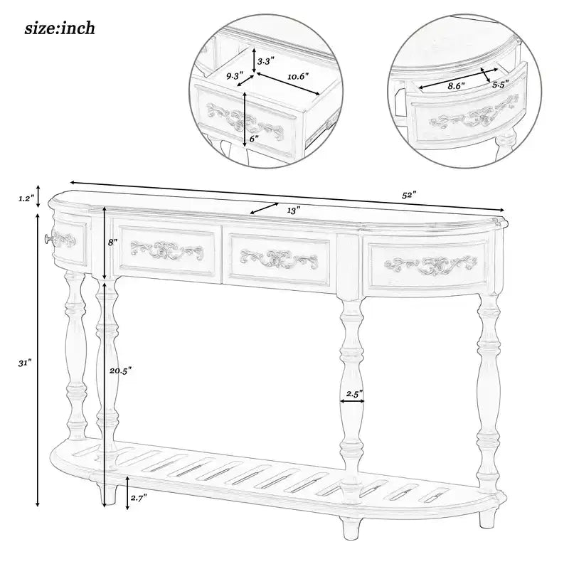 Consolle curvata retrò in legno, tavolo d'ingresso a mezzaluna con cassetti e ripiano per soggiorno, 132 cm