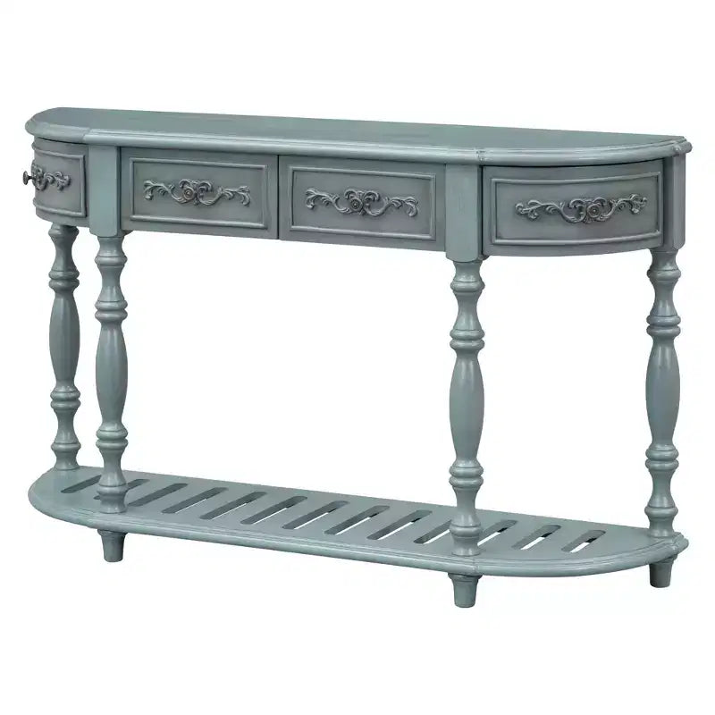 Consolle curvata retrò in legno, tavolo d'ingresso a mezzaluna con cassetti e ripiano per soggiorno, 132 cm