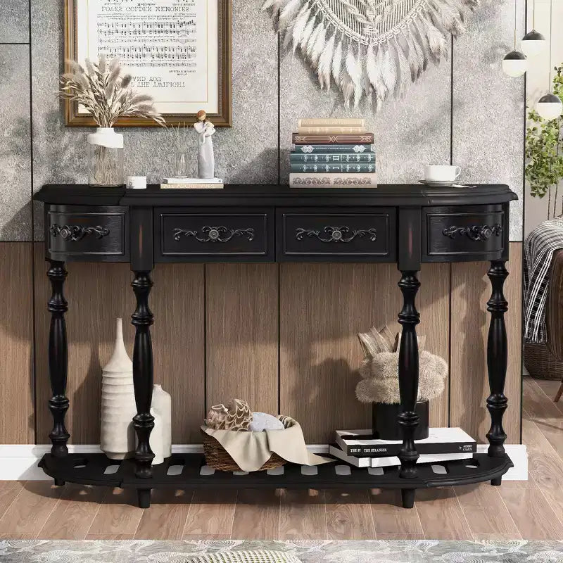 Consolle curvata retrò in legno, tavolo d'ingresso a mezzaluna con cassetti e ripiano per soggiorno, 132 cm