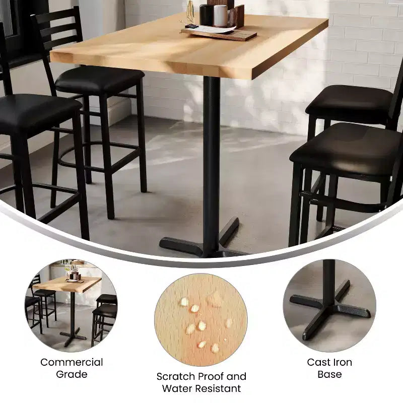Piano tavolo commerciale in legno massello con base a X in ghisa resistente alla ruggine ad altezza bar