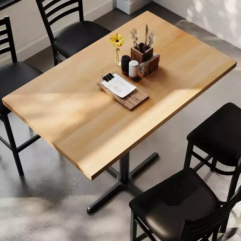 Piano tavolo commerciale in legno massello con base a X in ghisa resistente alla ruggine ad altezza bar