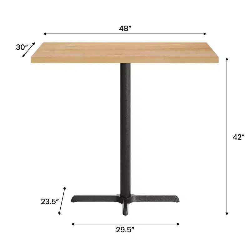 Piano tavolo commerciale in legno massello con base a X in ghisa resistente alla ruggine ad altezza bar
