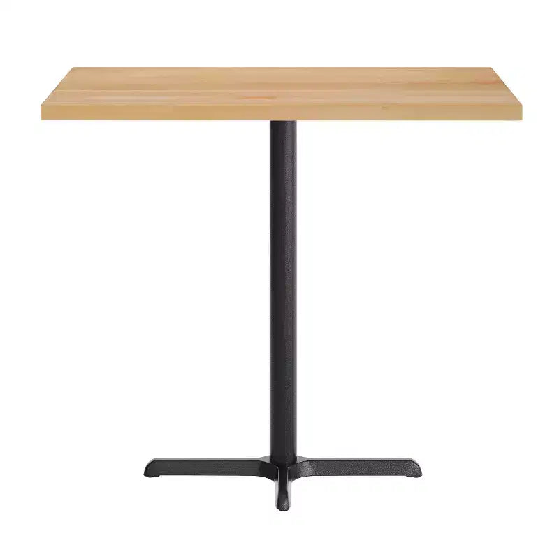 Piano tavolo commerciale in legno massello con base a X in ghisa resistente alla ruggine ad altezza bar