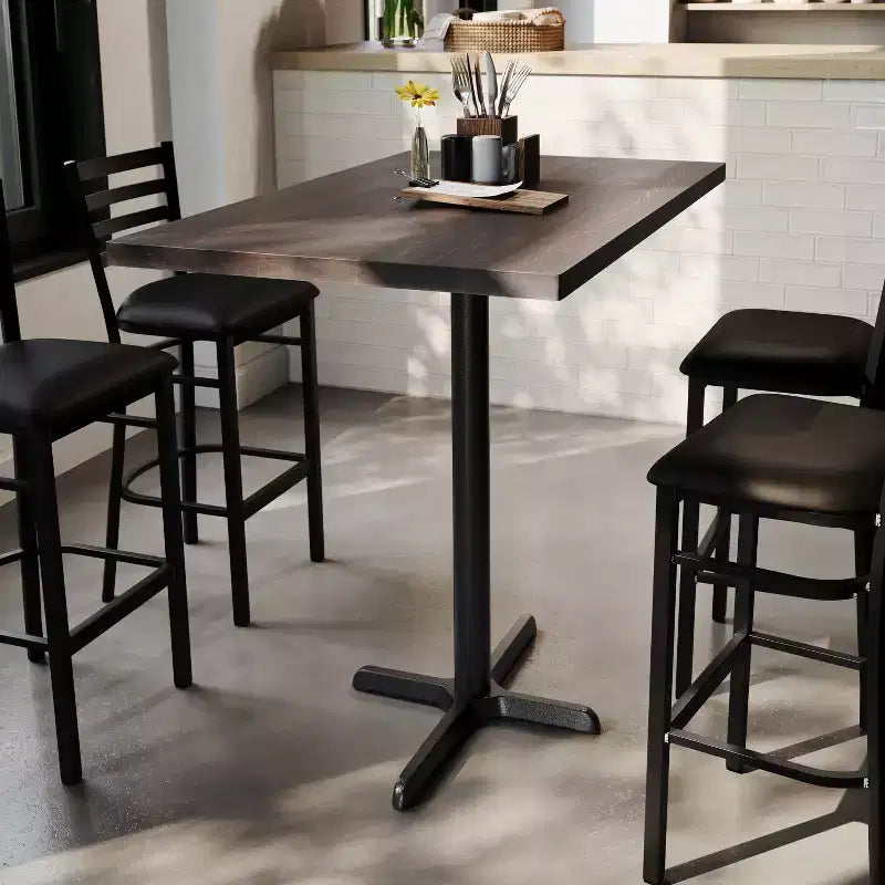 Piano tavolo commerciale in legno massello con base a X in ghisa resistente alla ruggine ad altezza bar