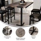 Piano tavolo commerciale in legno massello con base a X in ghisa resistente alla ruggine ad altezza bar