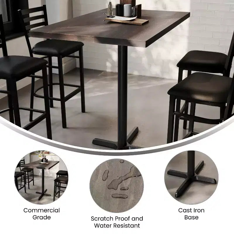 Piano tavolo commerciale in legno massello con base a X in ghisa resistente alla ruggine ad altezza bar